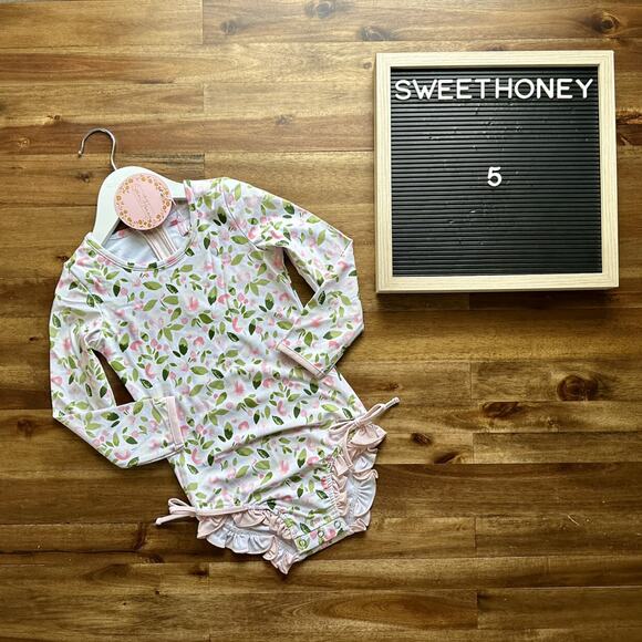 NWT SweetHoney Long Sleeve Rash Guard Santa Cruz Floral White Pink Ruffle Preppy - Picture 1 of 8